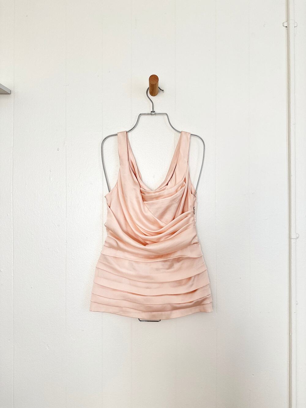 Vintage 2010s Express Satin Cowl Neck Ruched Tank Top Peach Blush Pink XS